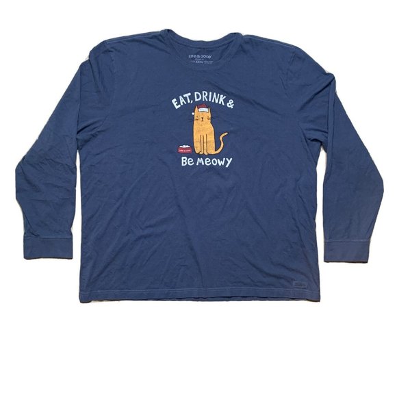Life Is Good Other - Mens Life is Good Long Sleeve Crusher Tee Blue XXXL Eat Drink Be Meowy Santa Cat